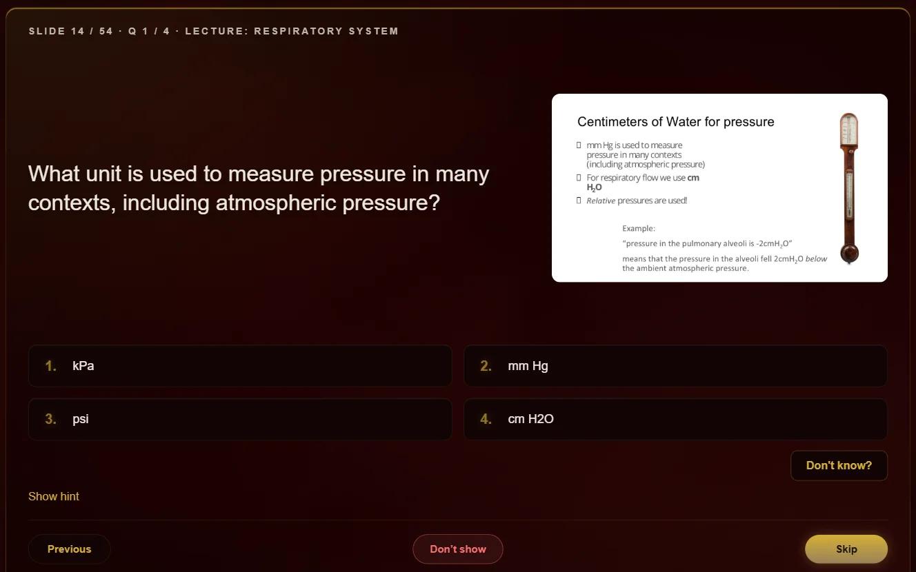 A Guided Lecture question in the app: lecture slide on the right, four answers below