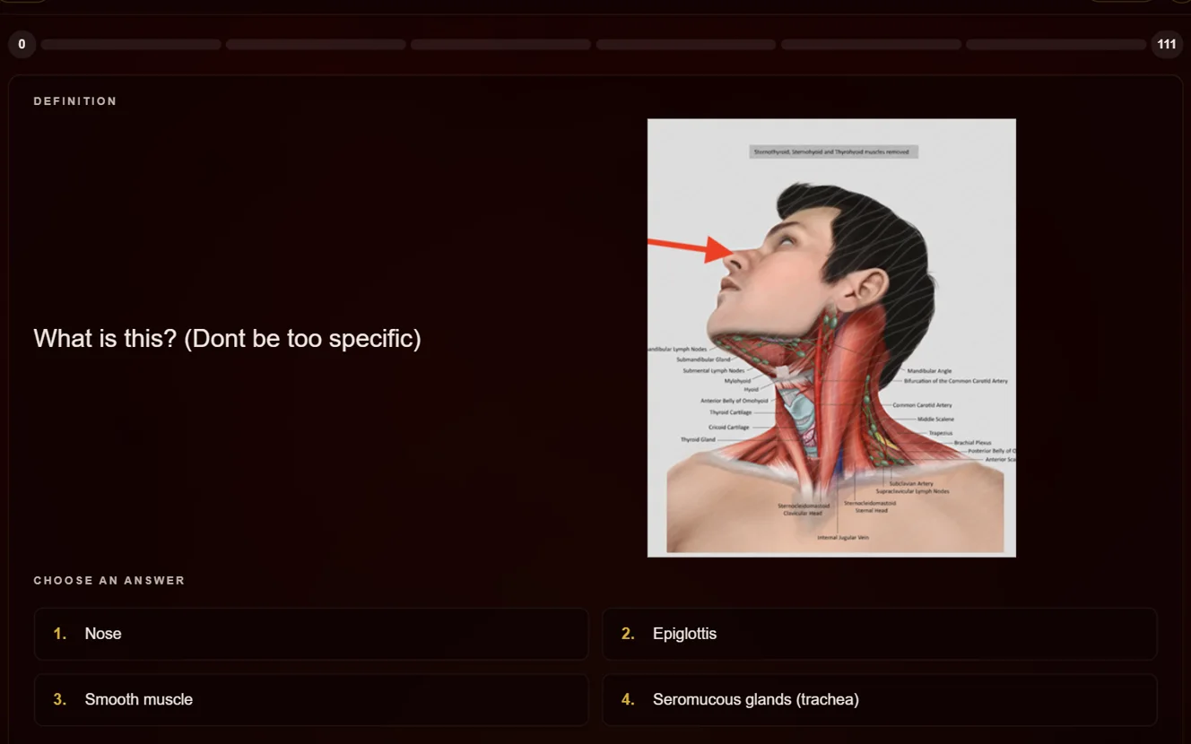 A LAB card in the app: lab image with an arrow; a wrong pick turns red and the right answer is shown